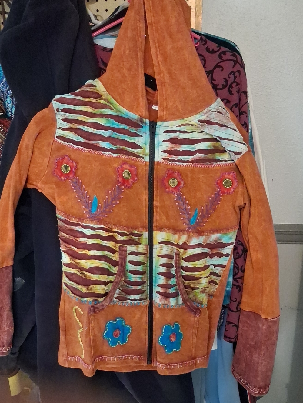 Rust Orange Embroidered Hooded Bomber Jacket
